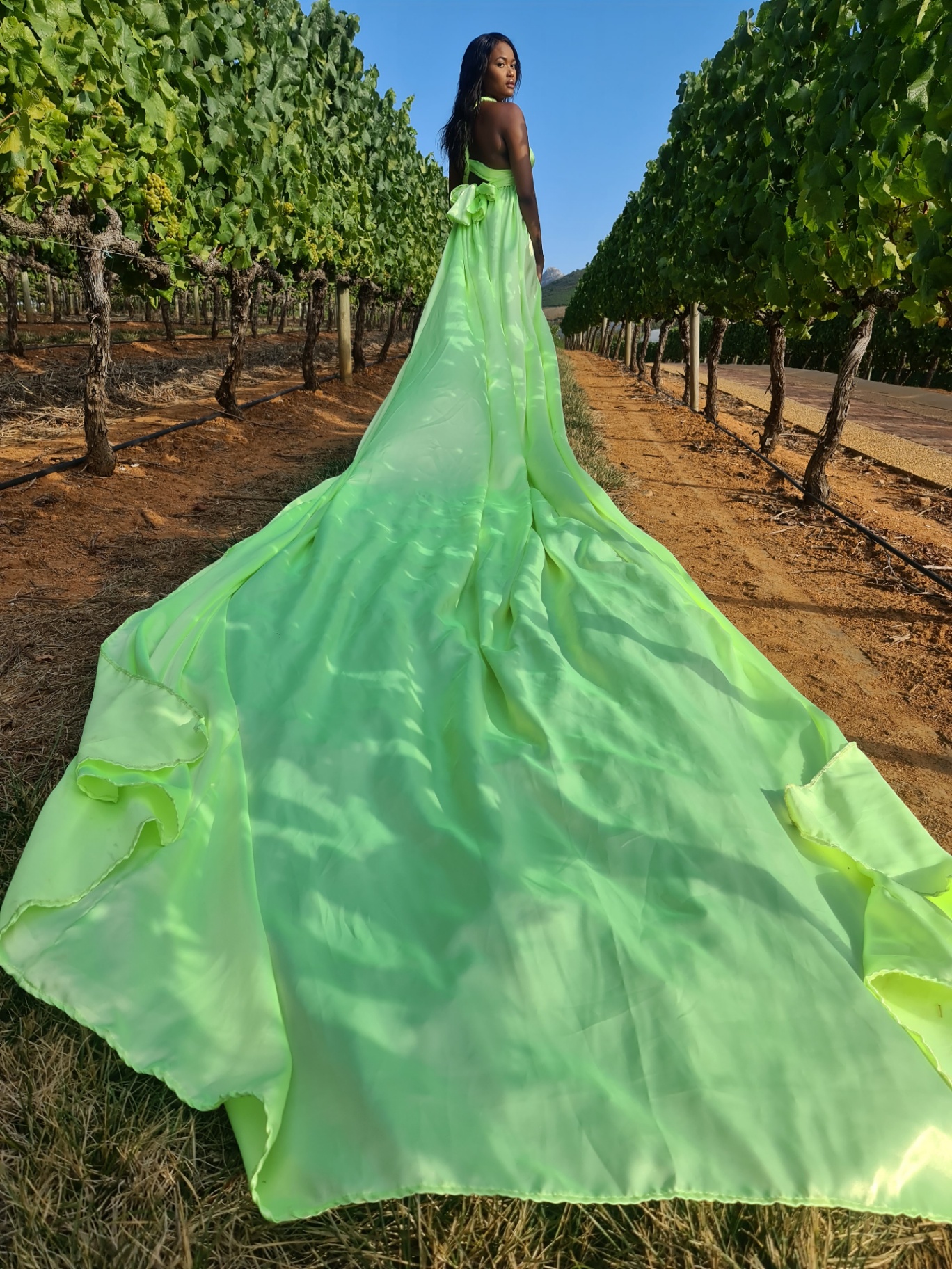 Woman in a lime-green flying dress among vineyard rows