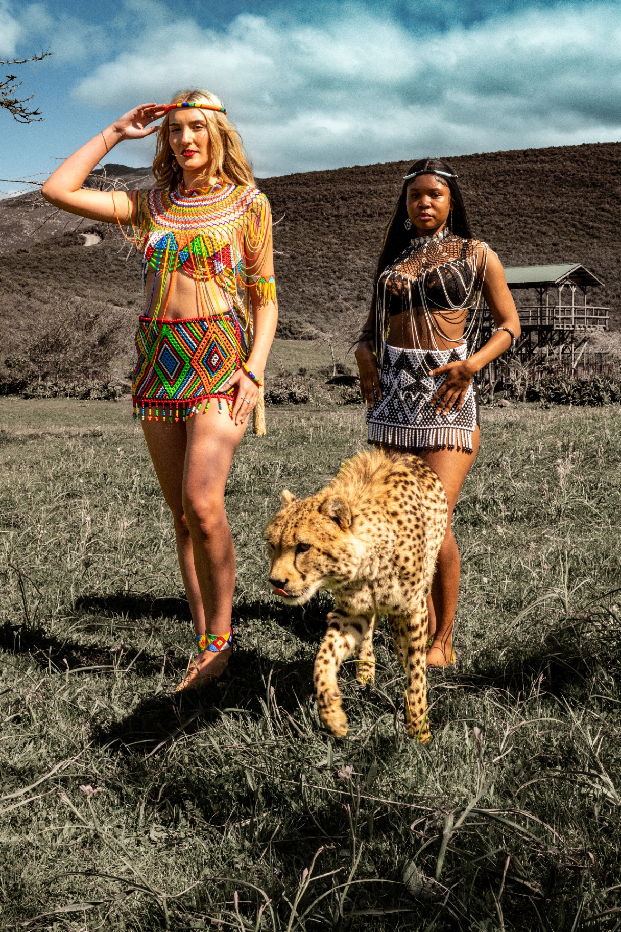 Animal Encounter Safari Experience — traditional African beaded wear with a cheetah