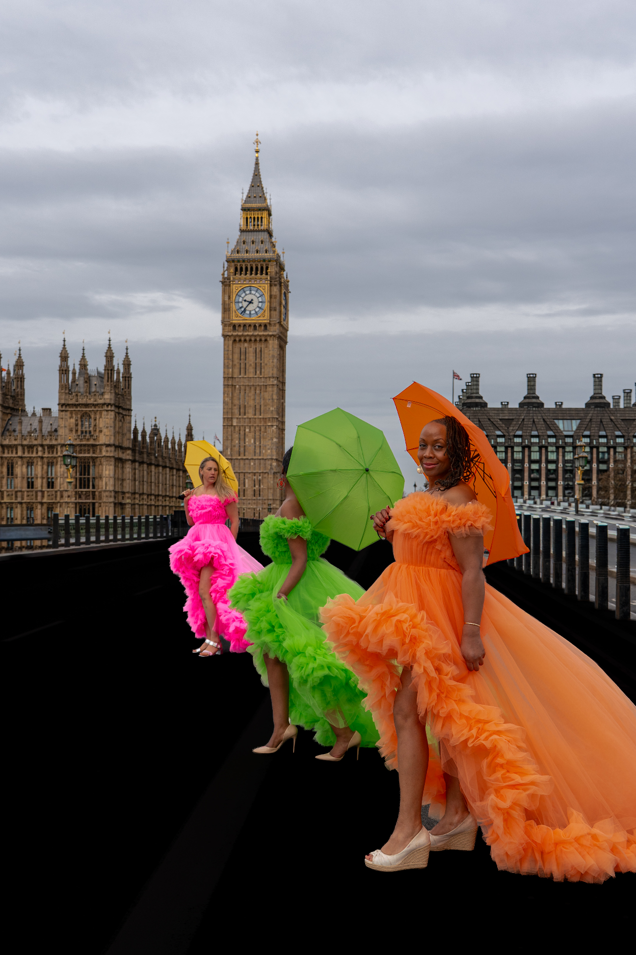 Flying-dress editorial set on the streets of Westminster, London